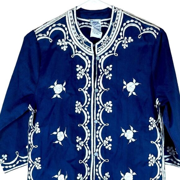 Chuchi Blue and White Embroidered Button Front Top / Cardigan Size Small 📦 - Picture 4 of 7
